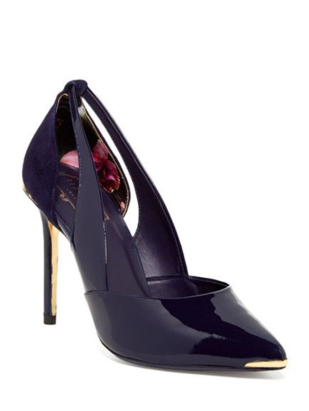 Ted Baker London Navy Patent Pointed Toe Stiletto Heels with Gold Accents